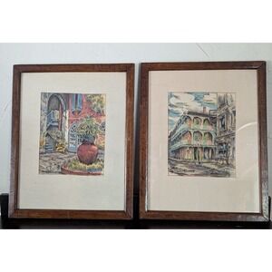 Vintage 1950s N. Luckow Signed & Framed French Quarter Watercolor Prints (2)‎